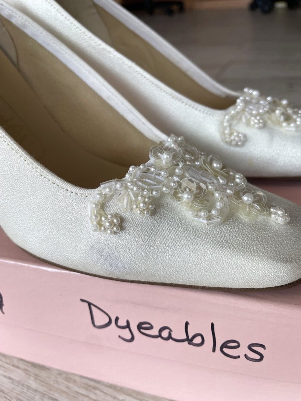 Dyeables Striking White Luxe Satin Heels • Pearl Beaded • Size 5B